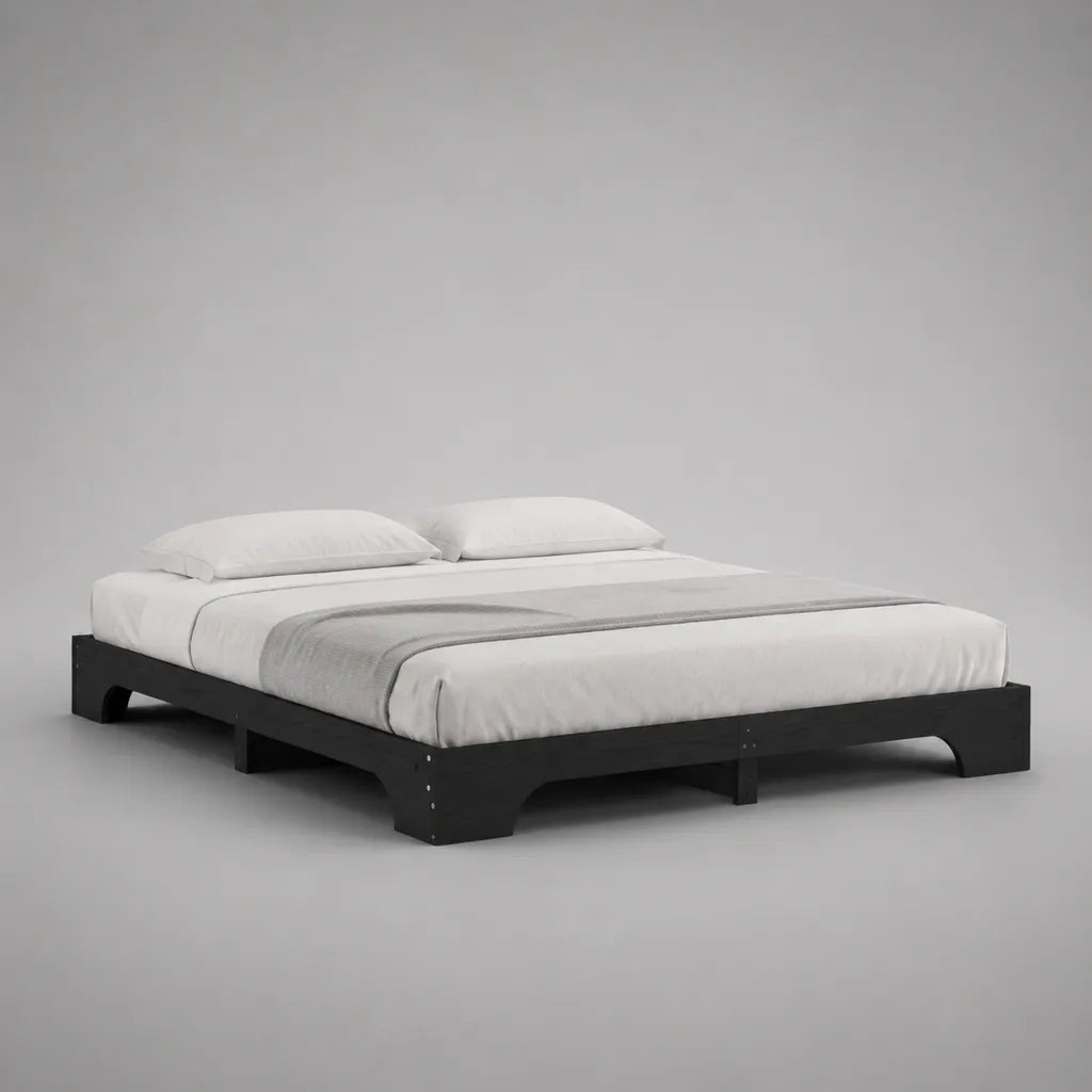 Plattform-Doppelbett aus massivem Kiefernholz ohne Kopfteil, Schwarz, Liegefläche 180 × 200 cm