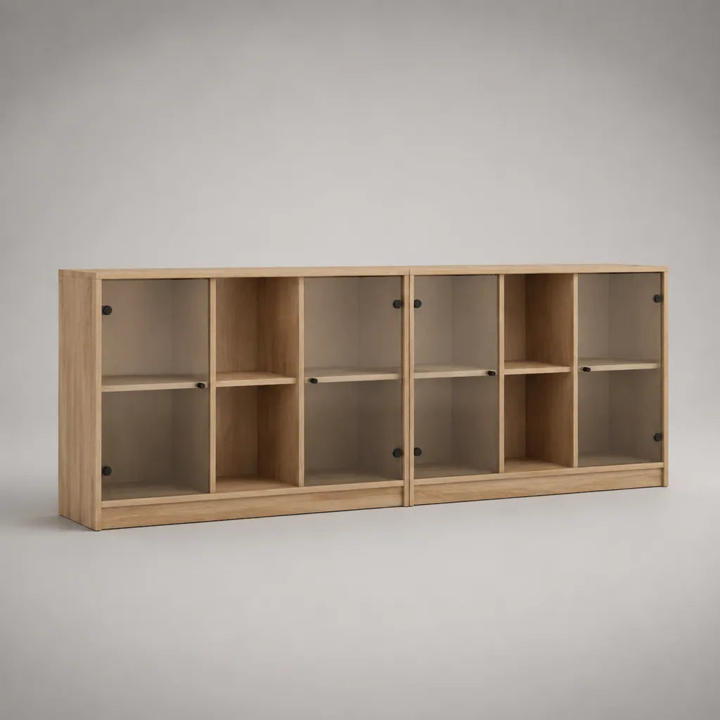 Bücherregal mit Glastüren, 2er-Set aus MDF und Glas, Eiche Natur, je 90 × 30 × 75 cm, Gesamtbreite 180 cm