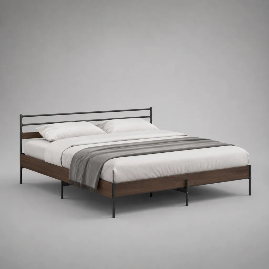Doppelbett-Bettgestell aus Stahl und MDF, Walnussbraun/Schwarz, 208 x 166 x 90 cm, Liegefläche 160 x 200 cm
