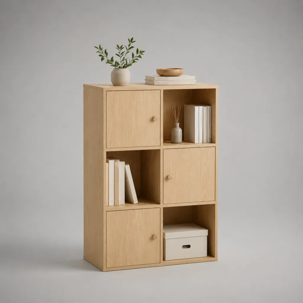 Bücherregal mit 3 Türen und 6 Fächern, Aufbewahrungsschrank aus MDF mit Eichenfurnier, Eiche natur, 70 × 30 × 105 cm
