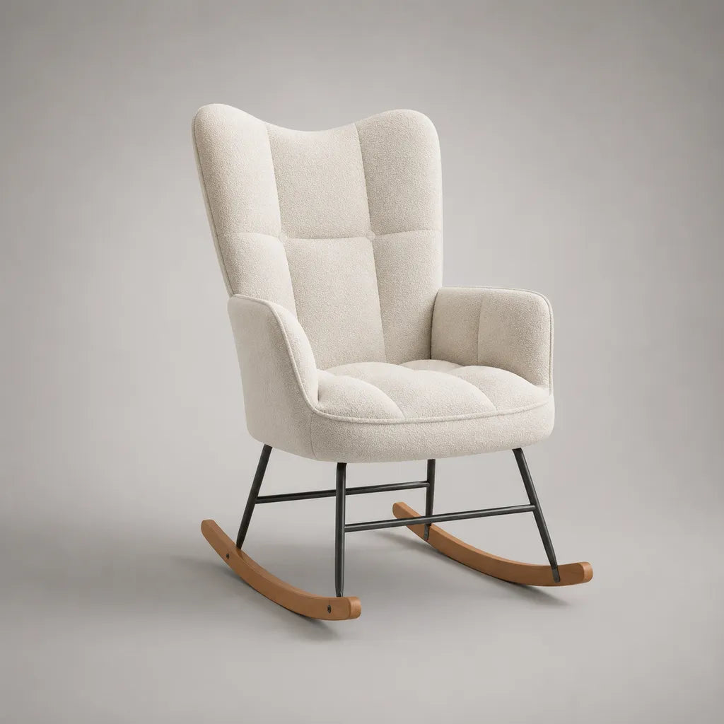 Schaukelstuhl-Ohrensessel mit hoher Rückenlehne, Polyester-Bouclé, Stahlgestell und Buchenholz-Kufen, Creme, 72 × 88 × 98 cm