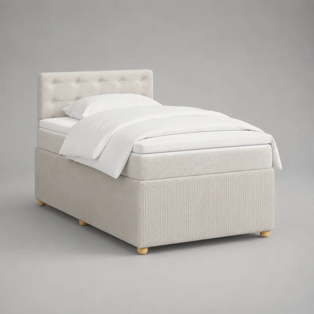 Boxspringbett mit Topper, Federkernmatratze und gepolstertem Kopfteil, Stoffbezug Creme, Liegefläche 120 x 200 cm