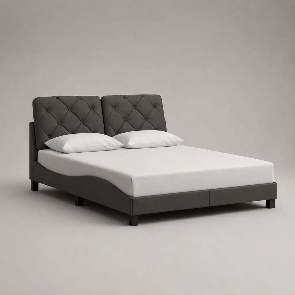 Polsterbett Doppelbett 160 × 200 cm aus PU-Kunstleder, MDF und Stahl mit Lattenrost, Dunkelgrau