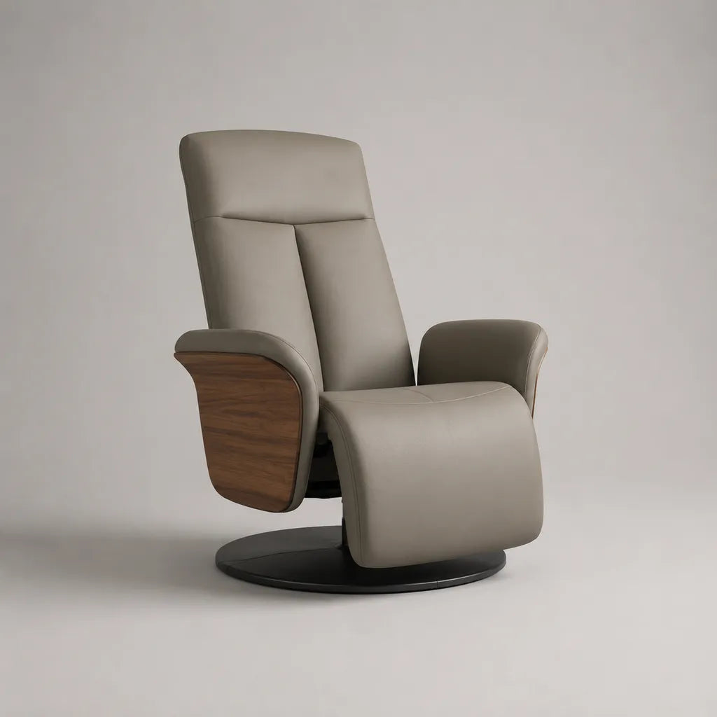 Relaxsessel aus Kunstleder und Stahl mit Liegefunktion und 360°-Drehfuß, Taupe und Walnussoptik, 78 × 86 × 112 cm