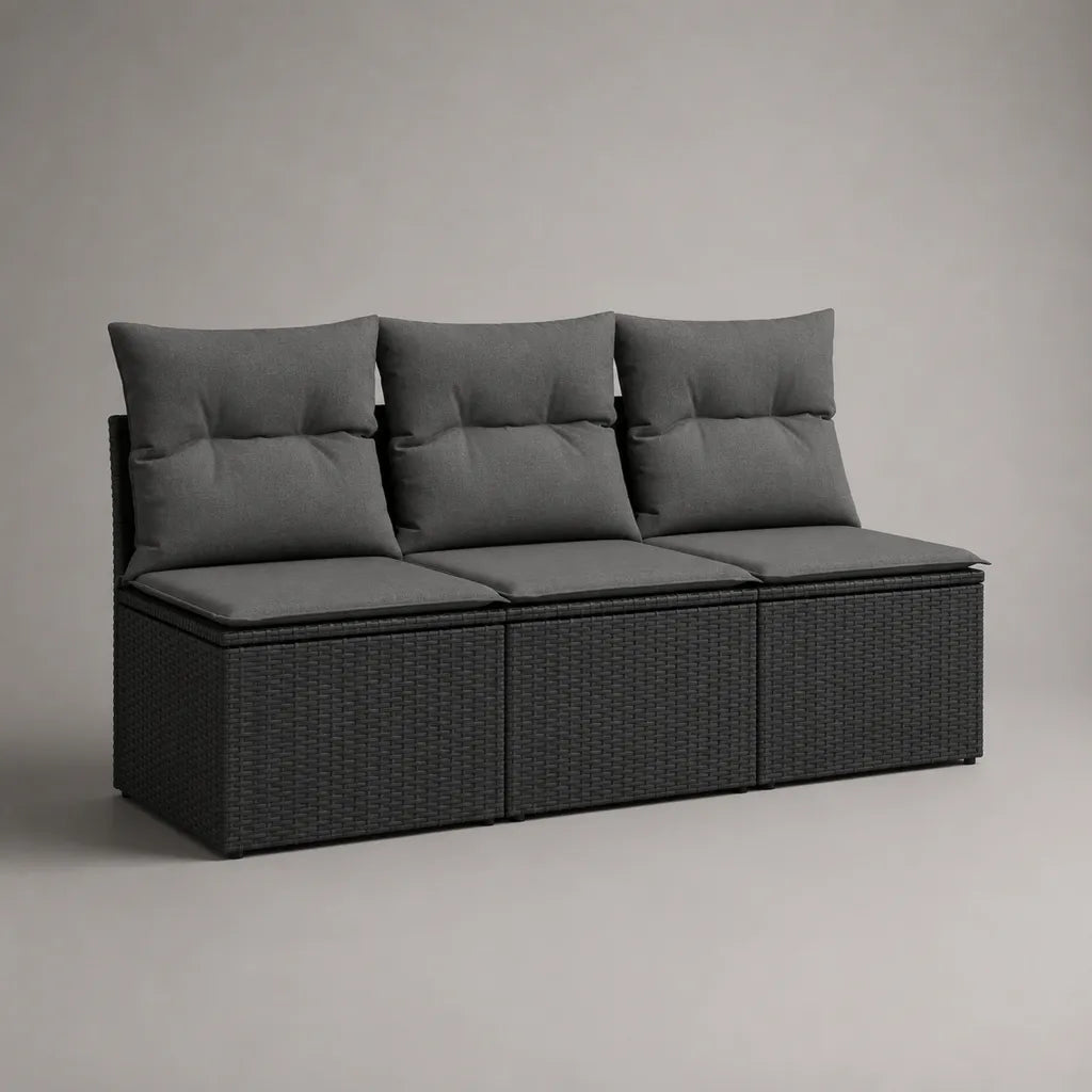 3-teiliges 3-Sitzer-Gartensofa aus PE-Rattan und Metall mit Polyesterkissen, Schwarz und Dunkelgrau, 177 × 60 × 84 cm