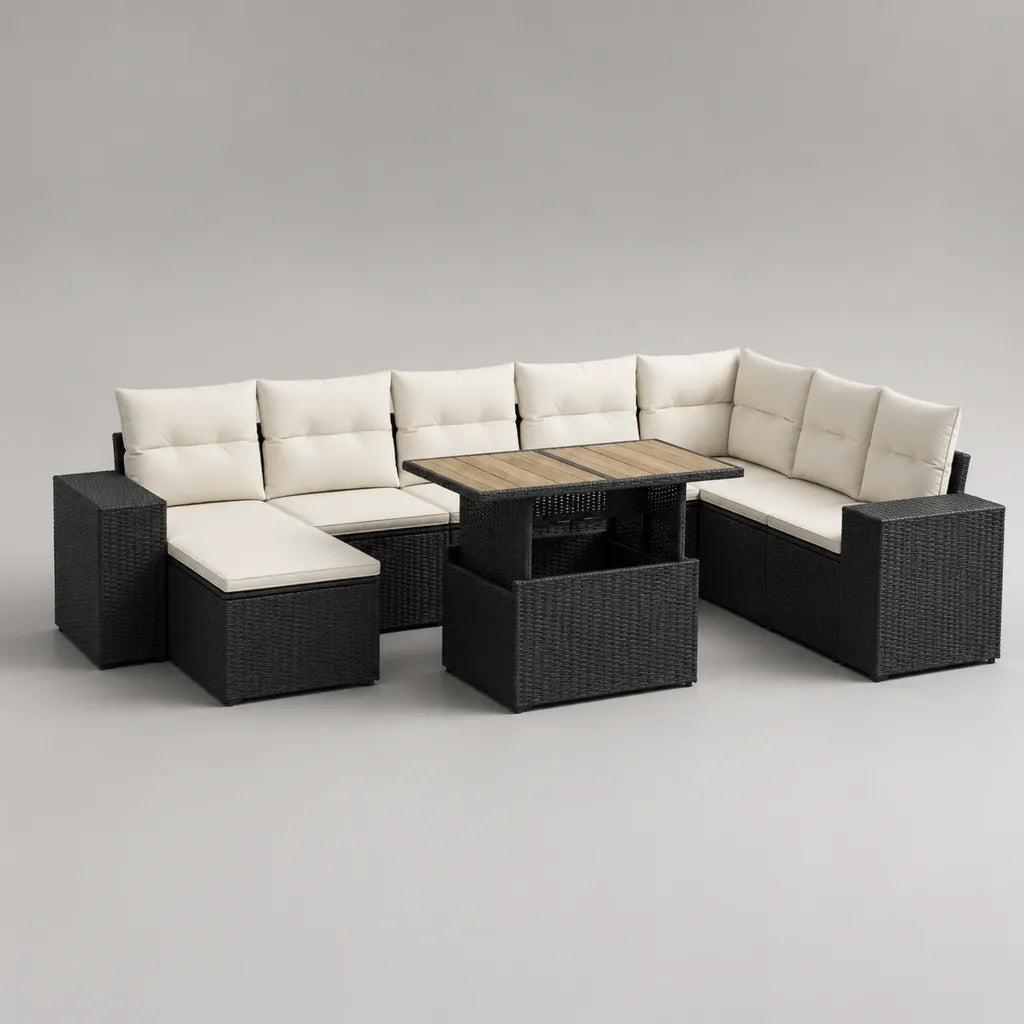 Gartenlounge-Set mit Ecksofa, höhenverstellbarem Esstisch und 2 Hockern aus PE-Rattan und Stahl, Schwarz, Beige und Braun, 270 × 205 × 74 cm