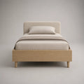 Einzelbett-Bettgestell 90 × 200 cm aus MDF mit Eichenfurnier und gepolstertem Polyester-Bouclé-Kopfteil, Natur/Creme