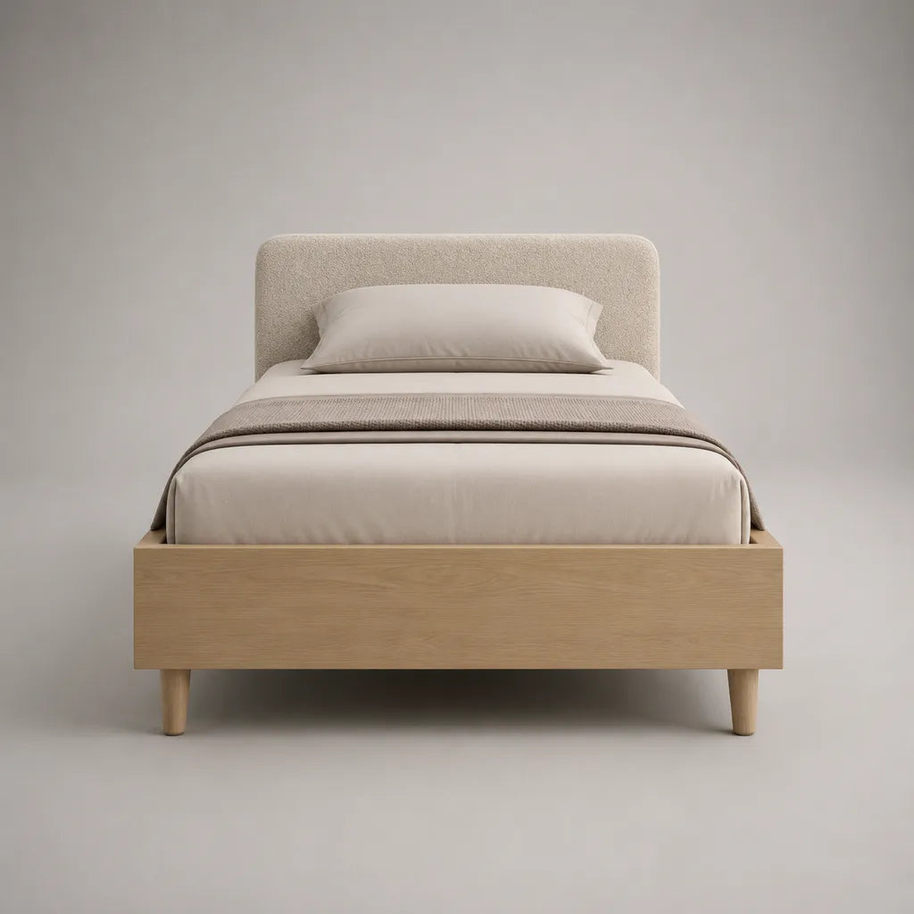 Einzelbett-Bettgestell 90 × 200 cm aus MDF mit Eichenfurnier und gepolstertem Polyester-Bouclé-Kopfteil, Natur/Creme