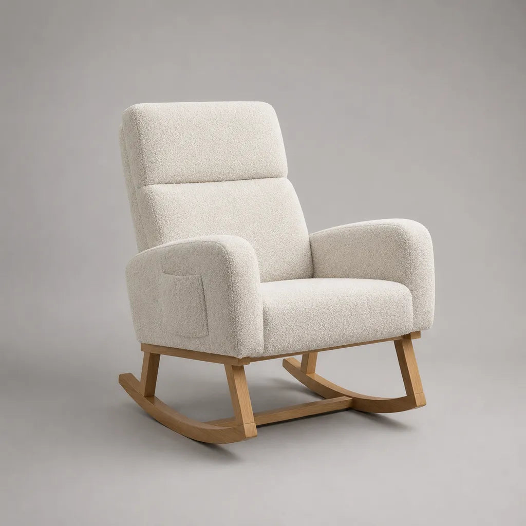 Schaukelstuhl mit Armlehnen und Seitentasche, Polyester-Bouclé und Gummibaum-Massivholz, Creme/Natur, 76 × 94 × 101 cm