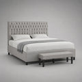 2-teiliges Bettgestell mit Sitzbank, Polyester in Samtoptik, Hellgrau/Schwarz, Liegefläche 180 × 200 cm, Bank 140 × 45 × 45 cm