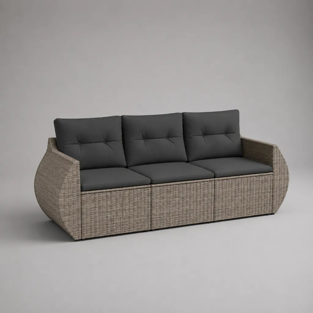 Gartensofa 3-Sitzer aus PE-Rattan mit Polyesterpolstern, Taupe/Dunkelgrau, 190 × 75 × 75 cm