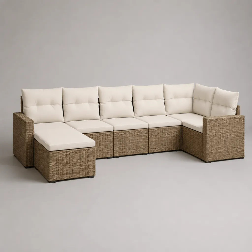6-teiliges Gartensofa-Set aus PE-Rattan und Metall, U-Form, Braun/Cremeweiß, 324 × 150 × 73 cm