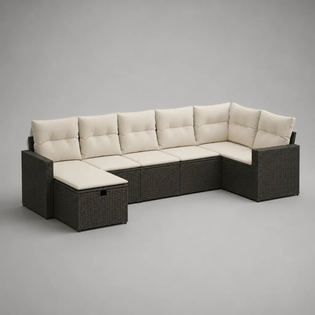 Gartensofa-Set für 7 Personen aus PE-Rattan und Metall mit Polyesterpolstern, U-Form, Anthrazit/Creme, 285 × 205 × 73 cm